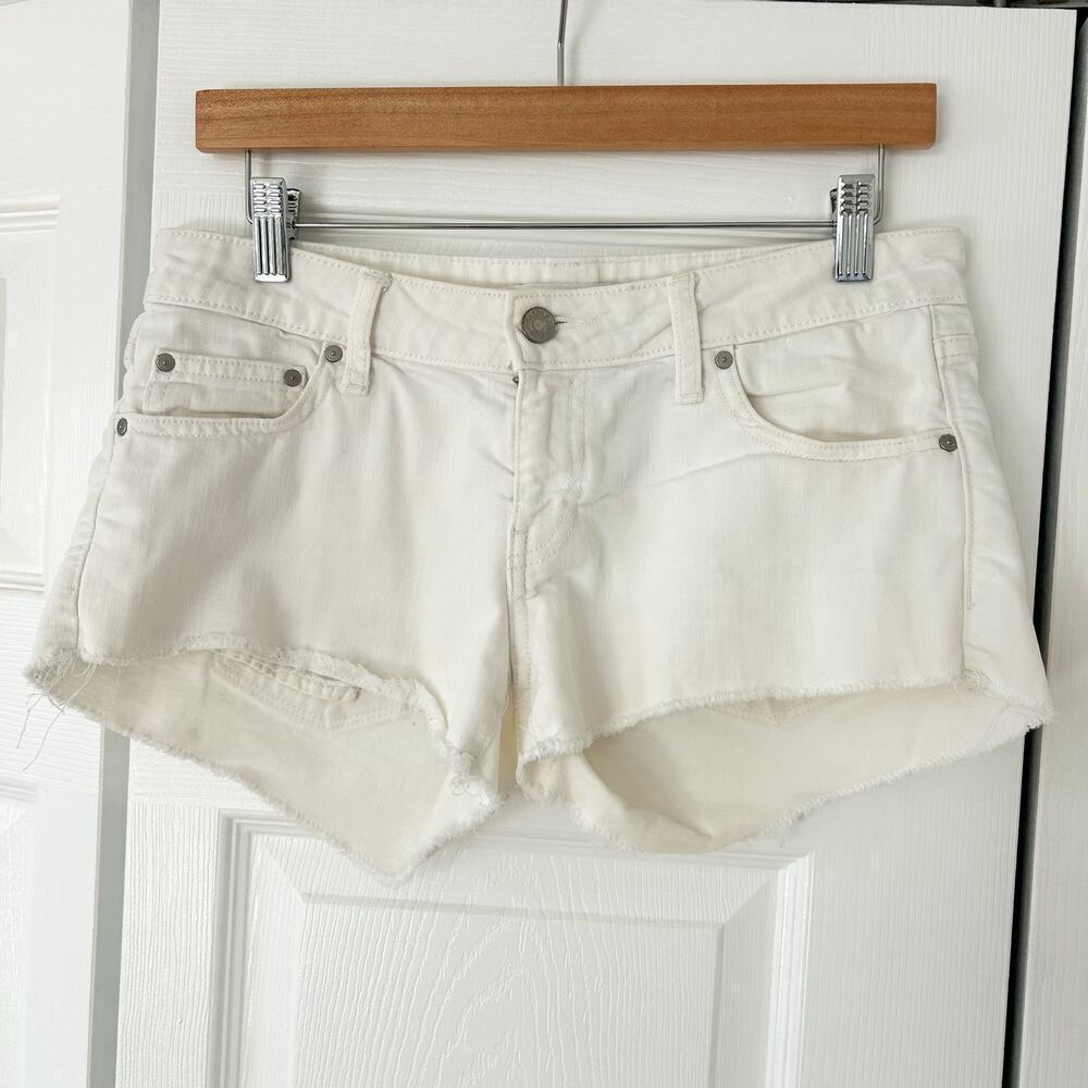 Aritzia Talula White Denim Cutoff Shorts Raw Hem High Rise Stretch Size 27